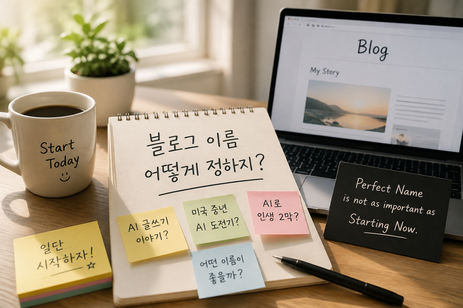 AI 초보 글쓰기 006일 차 블로그 이름을 고민하며 아이디어를 정리하는 모습