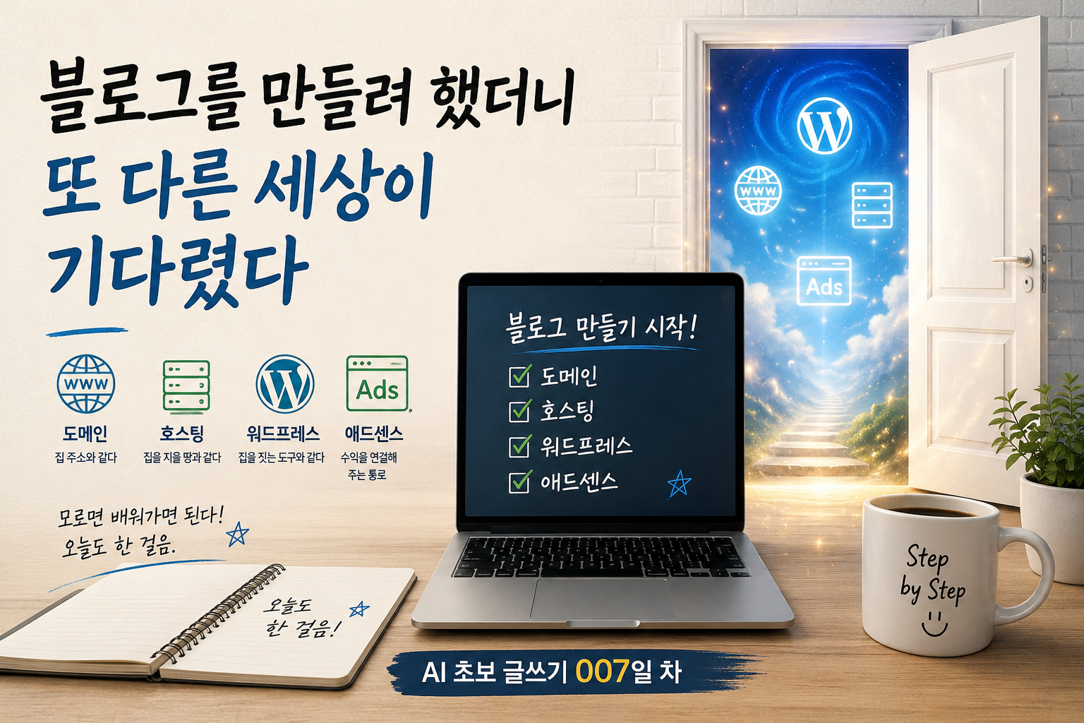 AI 초보 글쓰기 007일 차, 블로그를 만들기 위해 도메인·호스팅·워드프레스·애드센스를 하나씩 알아가는 모습