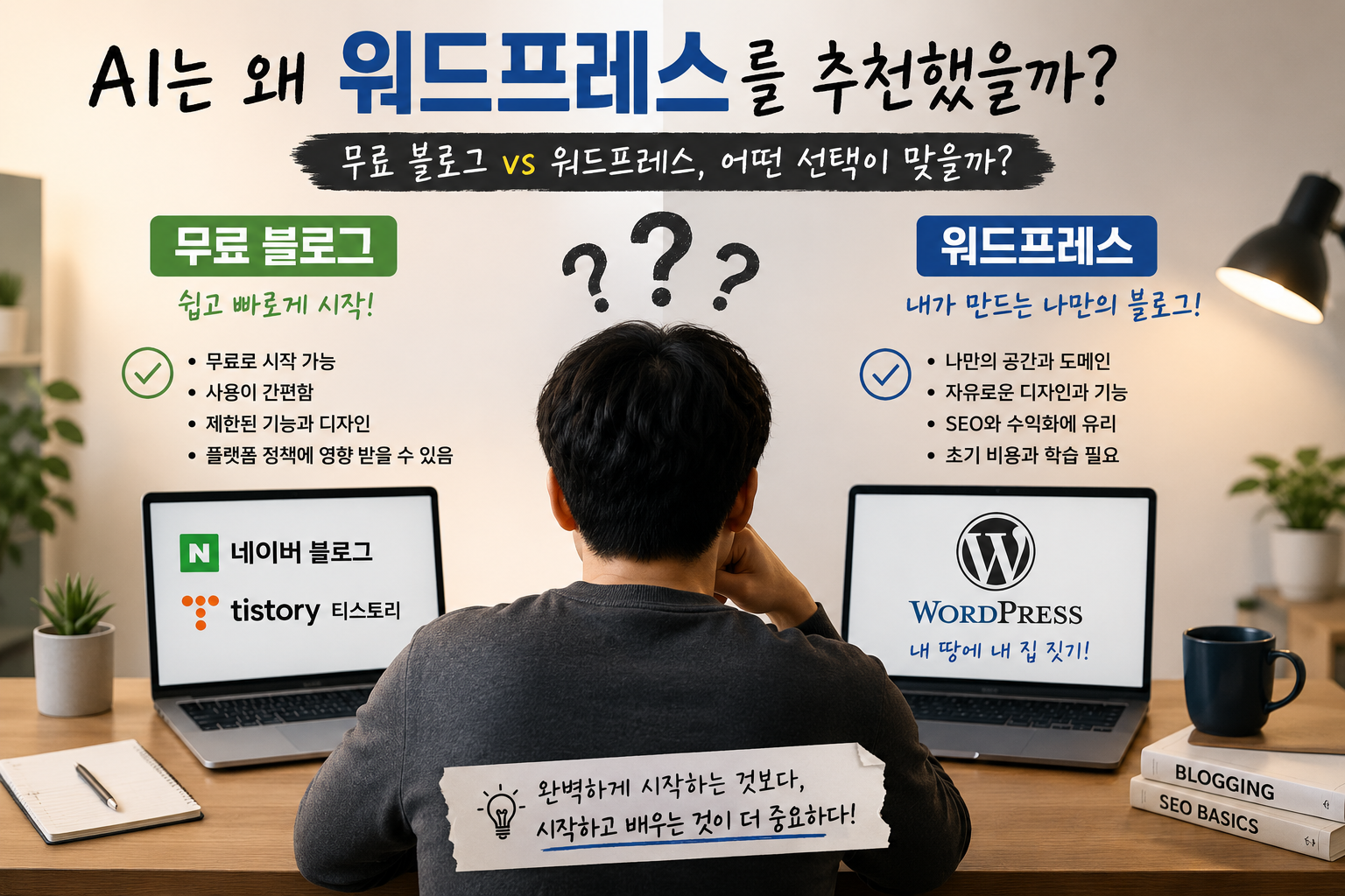 AI 초보 글쓰기, 무료 블로그와 워드프레스 중 어떤 선택이 좋을지 고민하는 모습