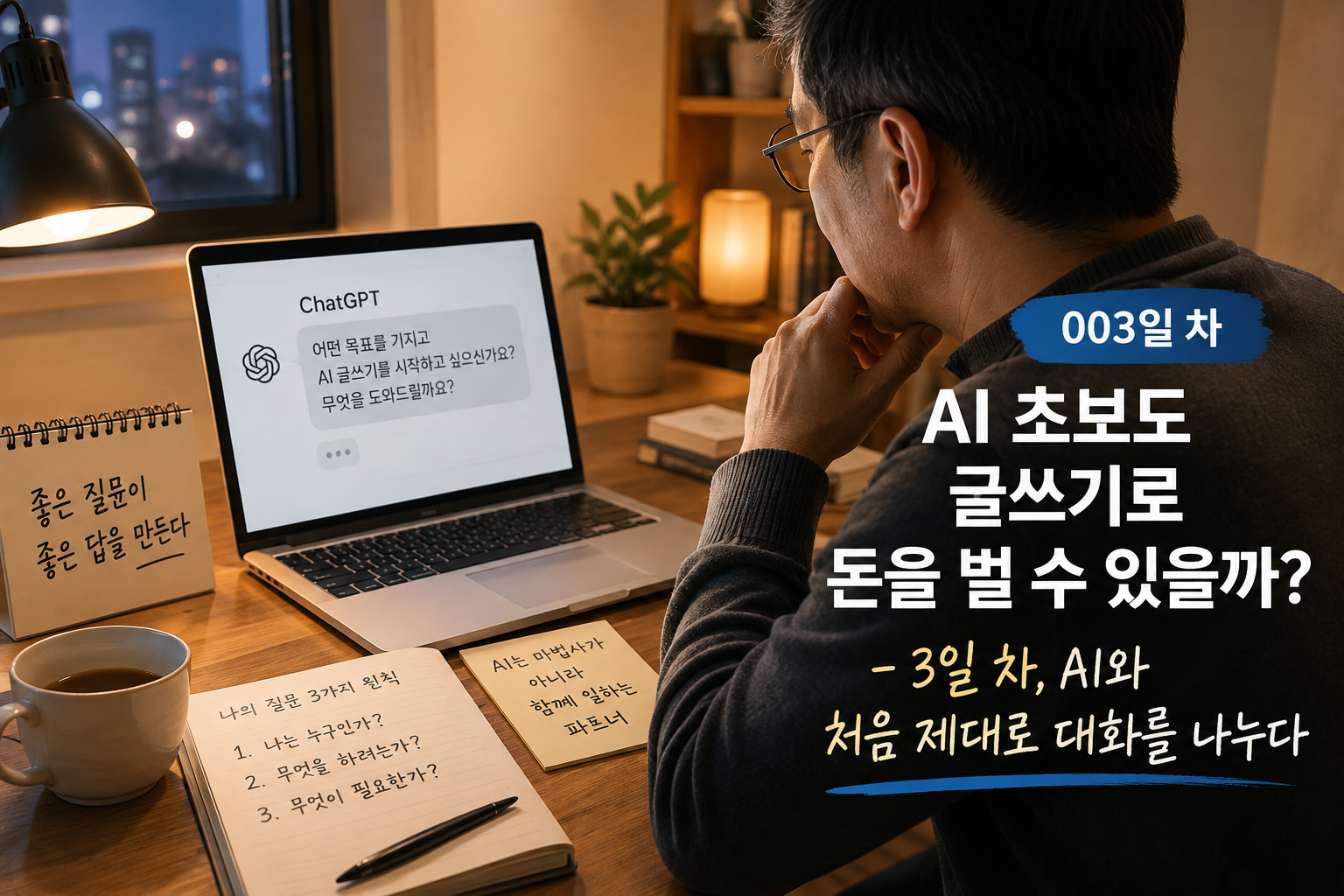 AI 초보 글쓰기 003일 차, ChatGPT와 처음 제대로 대화하며 질문하는 방법을 배우는 모습