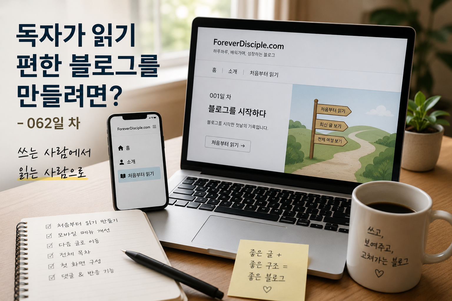 독자가 읽기 편한 블로그를 만들기 위해 모바일 화면과 메뉴 구조를 확인하는 모습