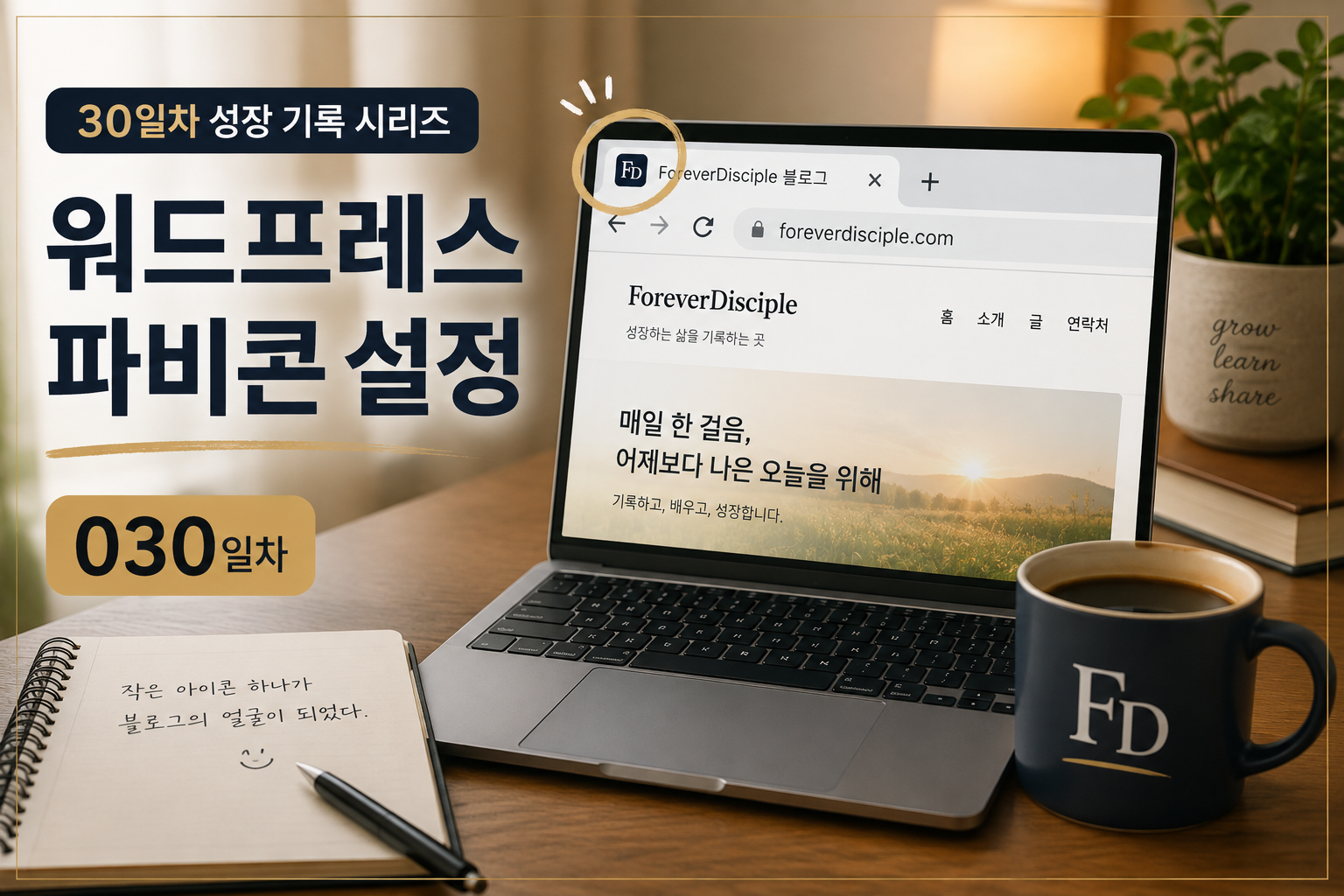 워드프레스 파비콘 설정과 ForeverDisciple FD 아이콘을 표현한 030일차 블로그 대표 이미지