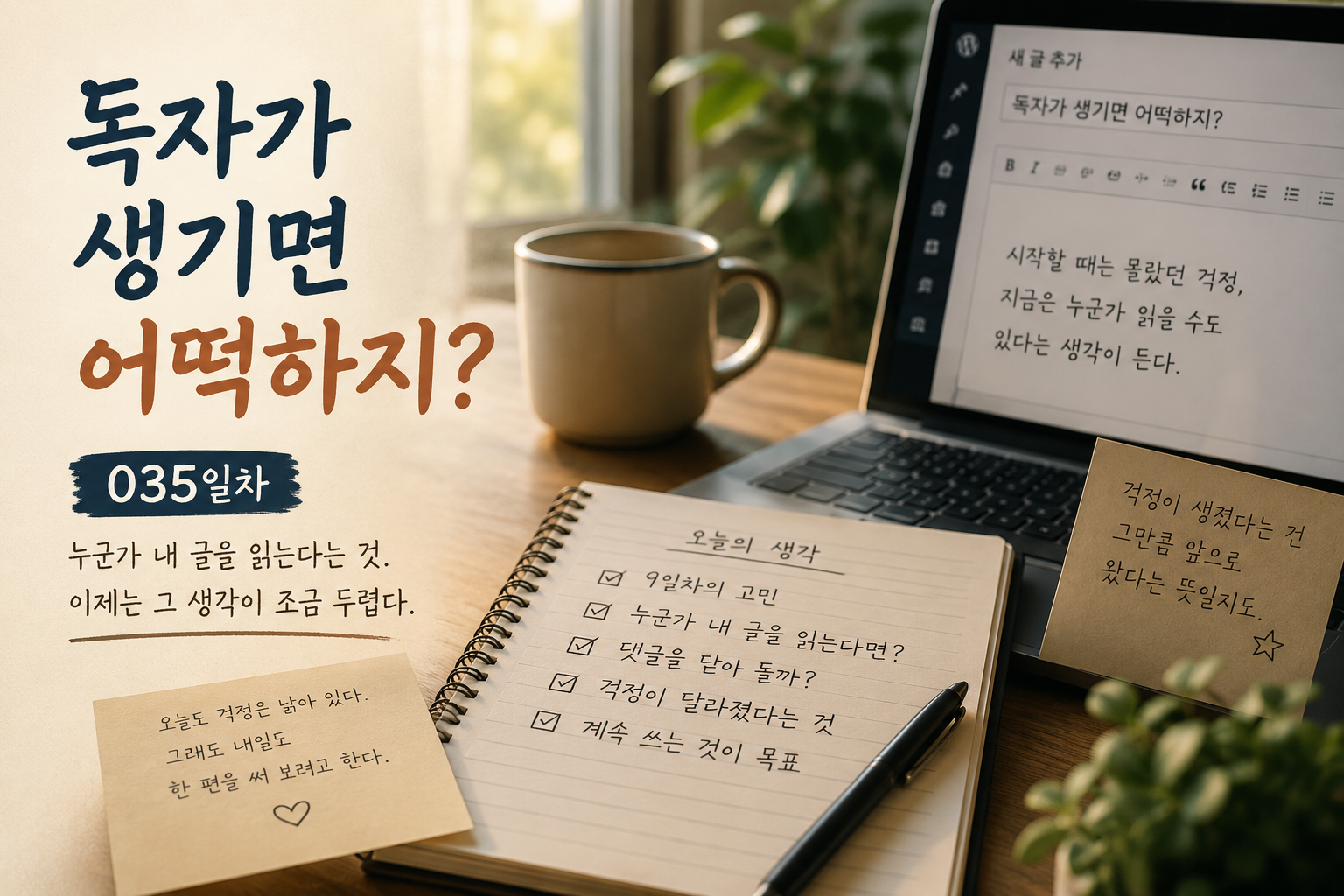 블로그 글쓰기를 하며 독자가 생기는 것에 대한 걱정을 생각하는 모습
