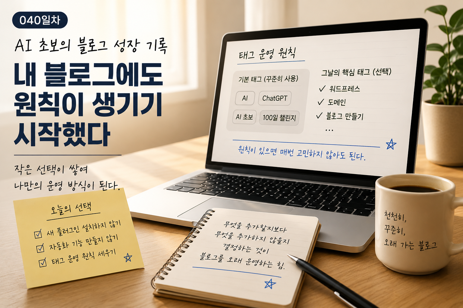 블로그 운영 원칙을 세우며 태그와 플러그인 사용을 고민하는 모습