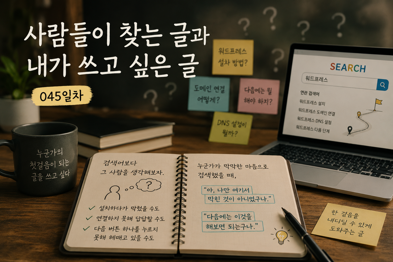 사람들이 찾는 글과 내가 쓰고 싶은 글을 고민하며 검색 의도와 워드프레스 초보자의 다음 단계를 정리하는 045일차 대표이미지