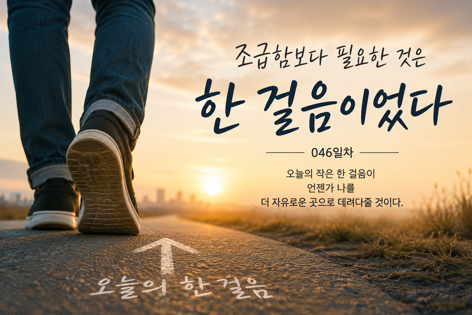 조급함보다 오늘의 한 걸음에 집중하며 앞으로 나아가는 모습을 담은 046일차 대표이미지