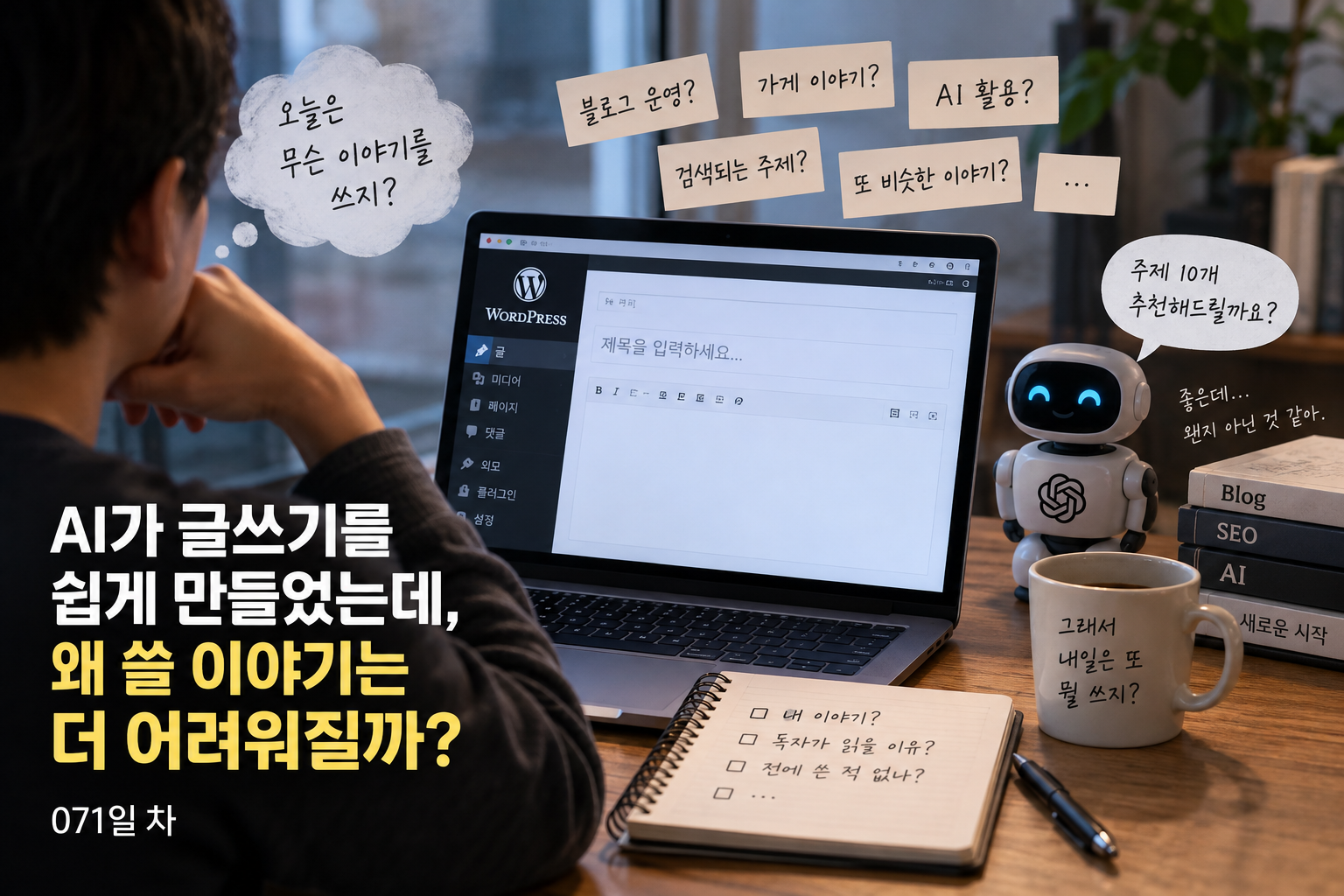 AI와 함께 블로그 글을 쓰면서 새로운 글 주제를 고민하는 모습