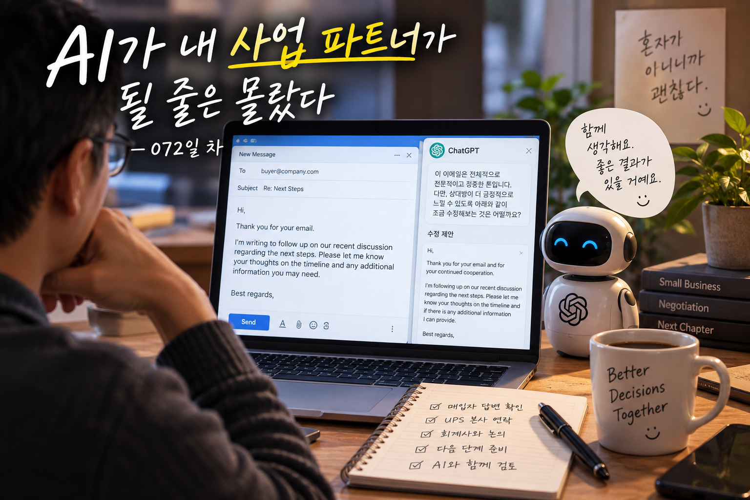 AI 사업 파트너와 이메일을 검토하며 가게 매각을 준비하는 모습