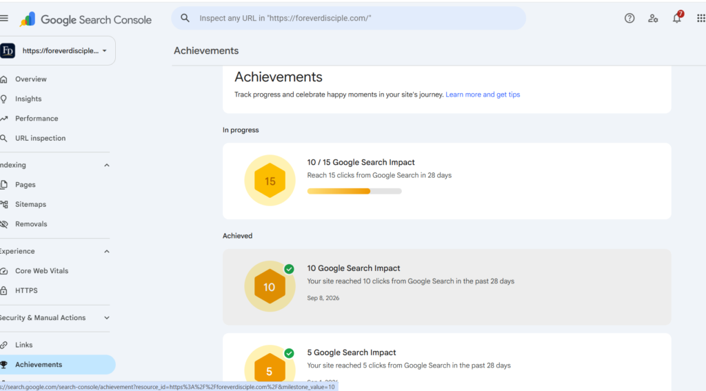 Google Search Console에서 ForeverDisciple 블로그의 검색 10클릭 달성과 다음 목표 15클릭을 보여주는 Search Impact 화면